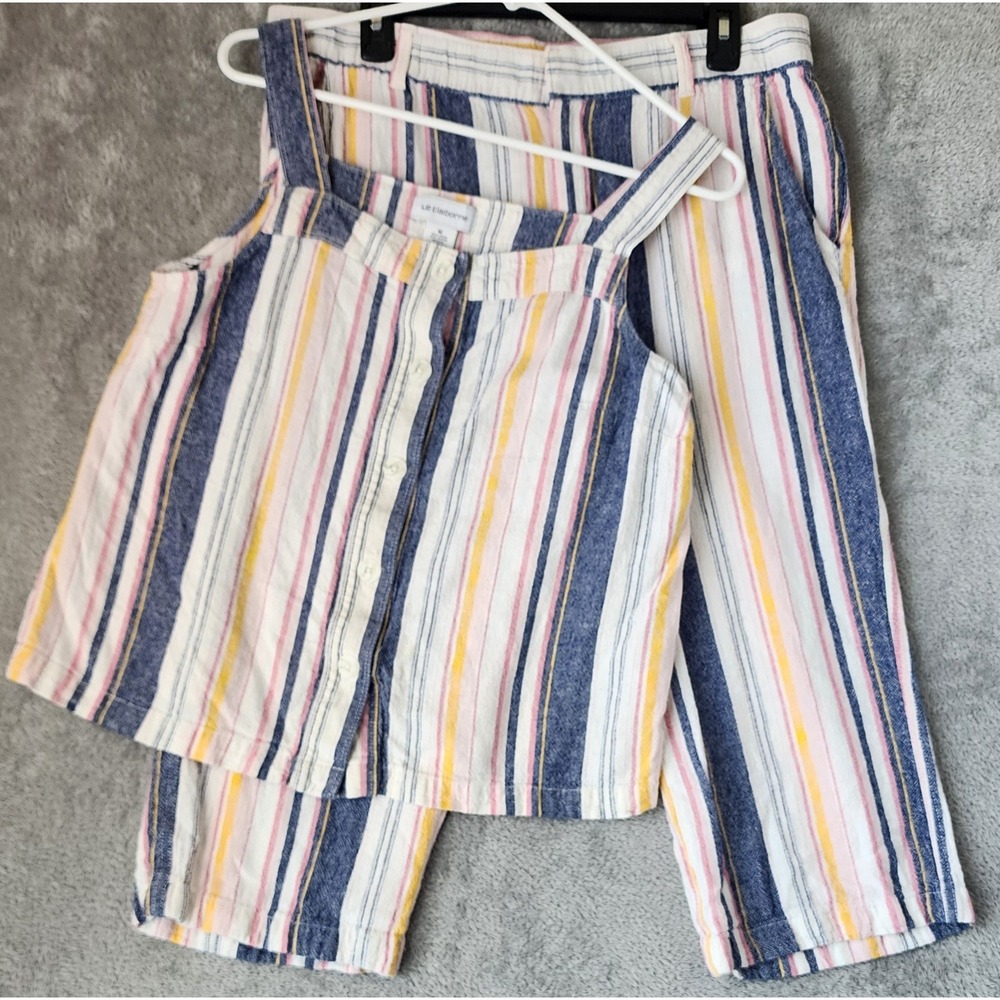 Liz Claiborne 2 Piece Set Womens M Multi Color Striped Linen Blend Tank & Pants